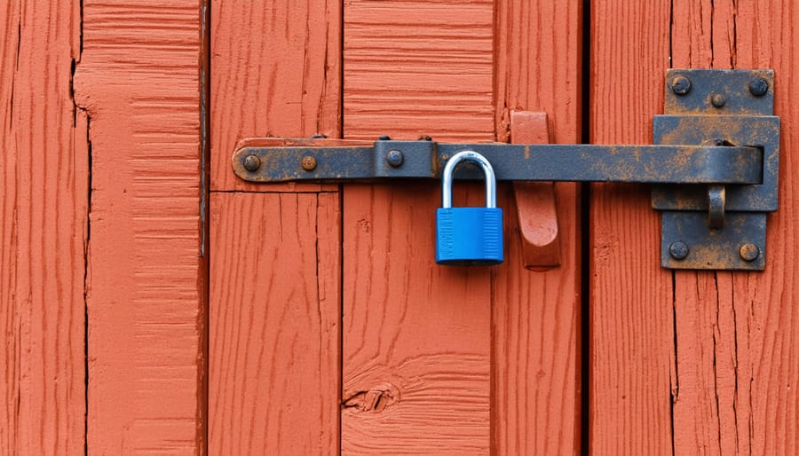 Heavy-duty padlock and hasp mechanism properly mounted on a shed door