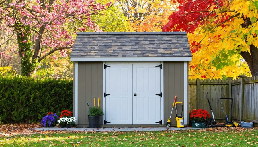Newly renovated shed roof shown during spring with lush green surroundings and vibrant flowers, showcasing a blend of modern roofing materials.