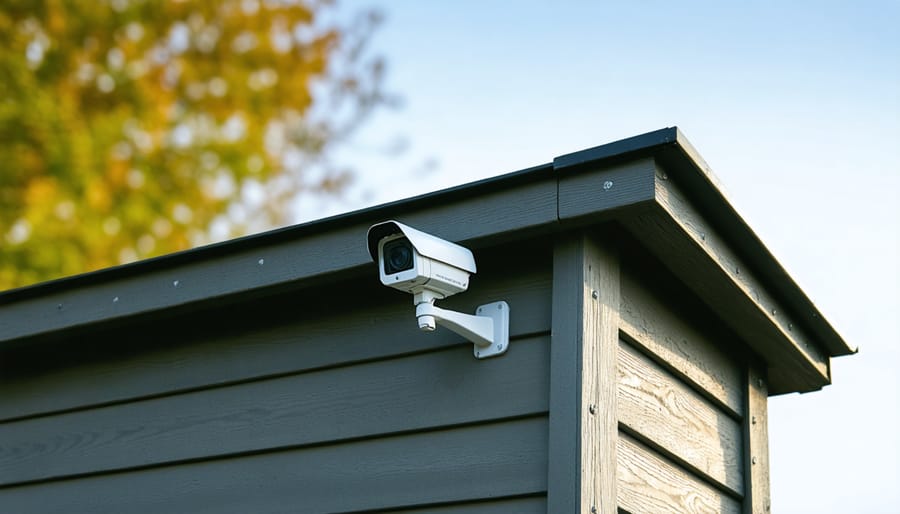 Outdoor security camera and LED floodlight mounted above shed entrance