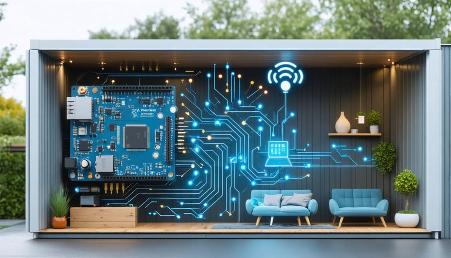 Conceptual representation of a shed equipped with smart vent technology, showing components like Arduino, servo motors, and airflow arrows illustrating the high-tech transformation.
