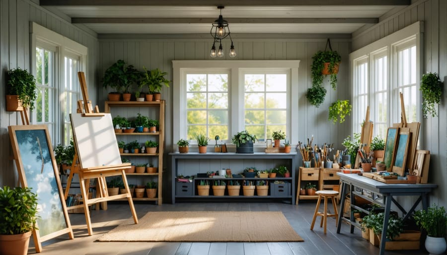 Bright and airy converted shed art studio with natural light streaming through windows