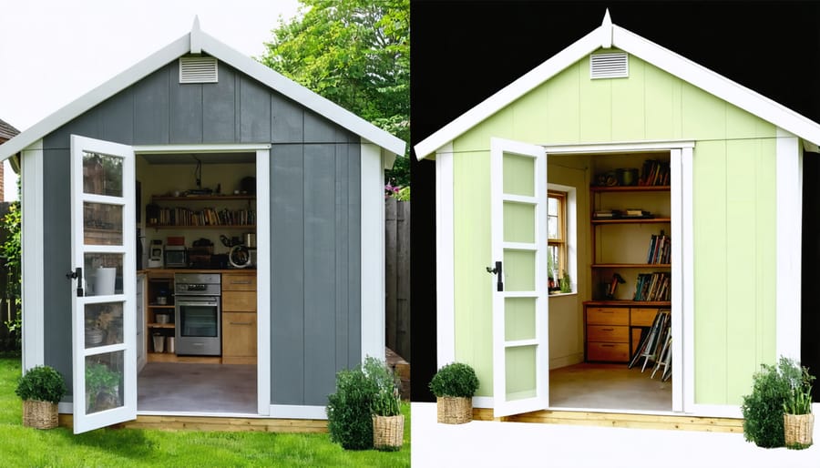 Split image showing transformation of garden shed into creative studio space