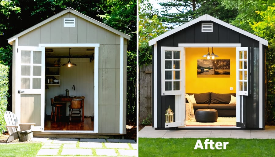 Side-by-side comparison of a garden shed before and after conversion to man cave