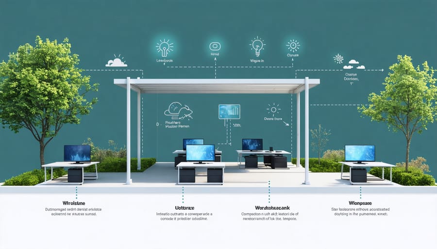 Diagram illustrating smart ventilation and shade systems in an outdoor workspace