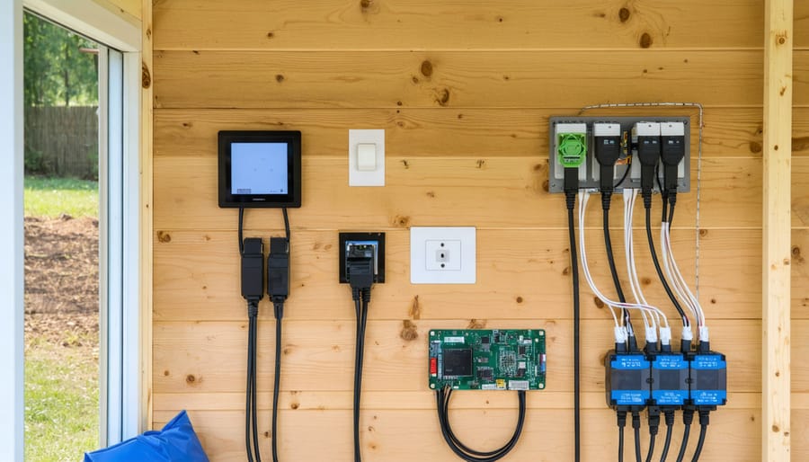 Installation sequence showing mounting and wiring of smart HVAC controls in a storage shed