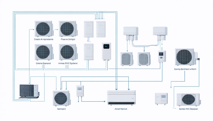 Technical illustration of smart HVAC zoning system components and their connections