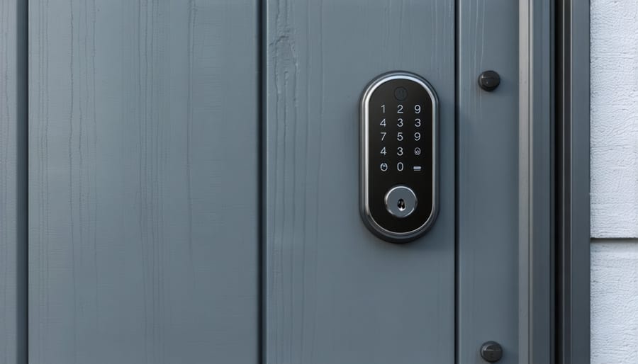 Digital keypad lock with smartphone connectivity being used on a garden shed