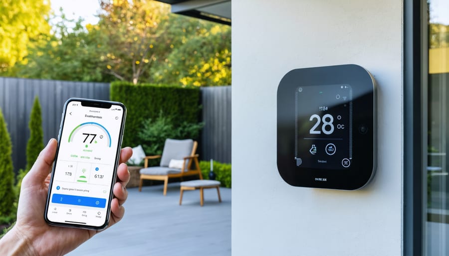 Smart outdoor thermometer mounted on a modern house wall with a smartphone in hand, displaying the app interface showing real-time temperature and weather data against a backdrop of a tidy garden.