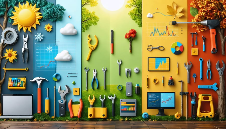 Tools and equipment used for seasonal maintenance with digital analytics overlay, illustrating comprehensive year-round property care.