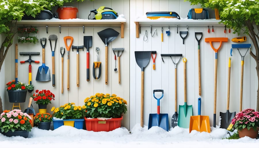 A creatively designed outdoor storage space that adapts across seasons, featuring a spring garden tool organization on one side, and a winter-ready setup with snow management tools and insulation on the other, illustrating smart storage adaptations.