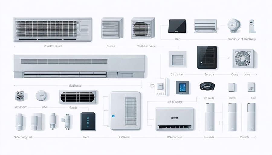 Detailed diagram of smart vent components including temperature sensors, actuators, and electronic controls