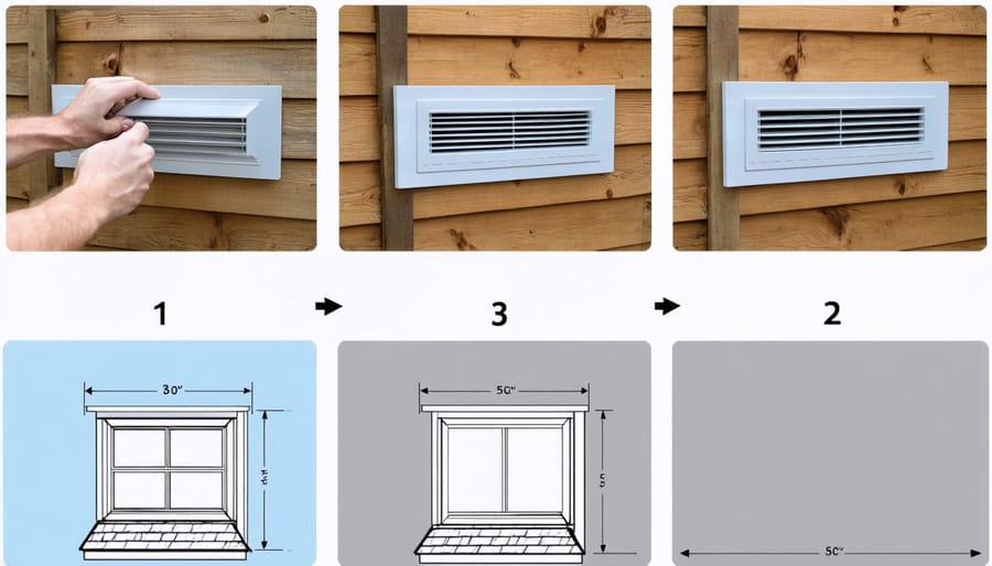 Installation process of a smart vent showing cutting, mounting, and wiring steps