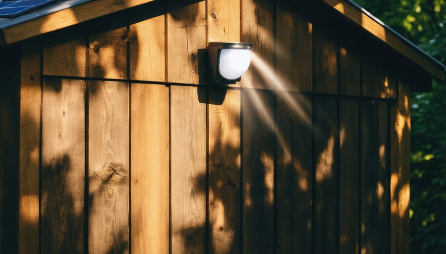 Motion-activated solar light installed above a shed door demonstrating practical placement