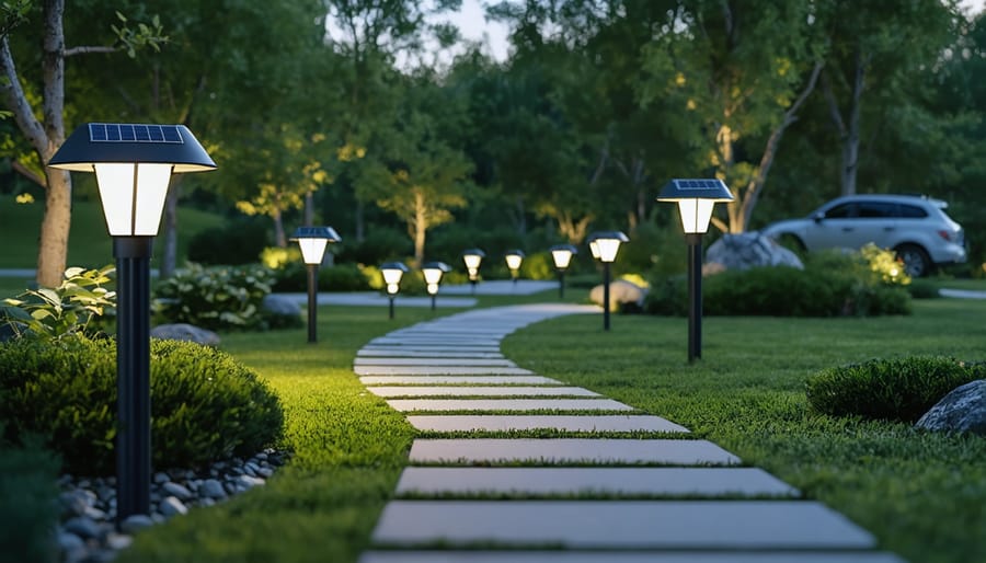 Energy-efficient outdoor lighting system with solar panels and LED fixtures