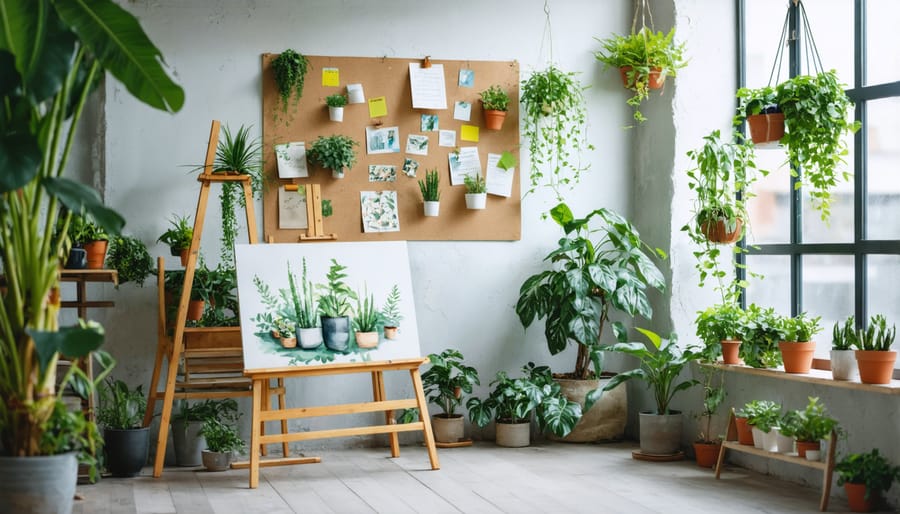 Decorated art studio corner featuring plants and personal touches