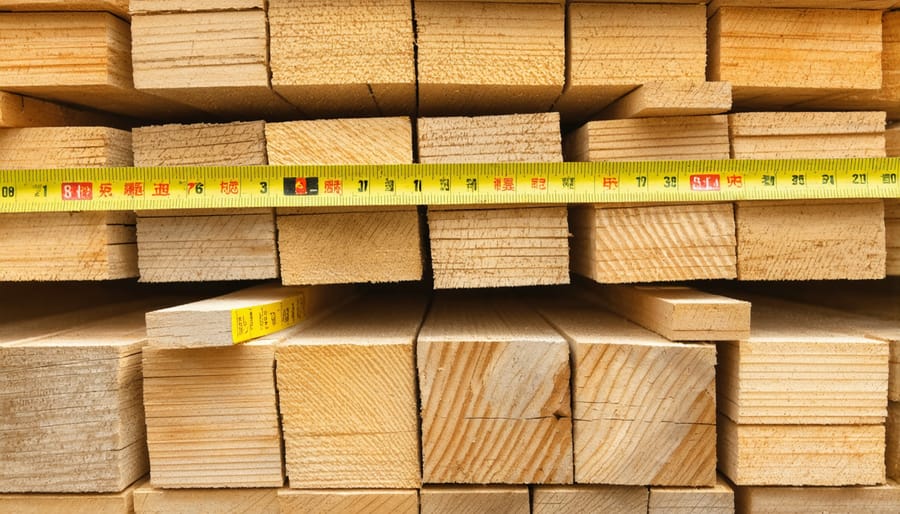 Pressure-treated 4x4 lumber posts with FSC certification labels