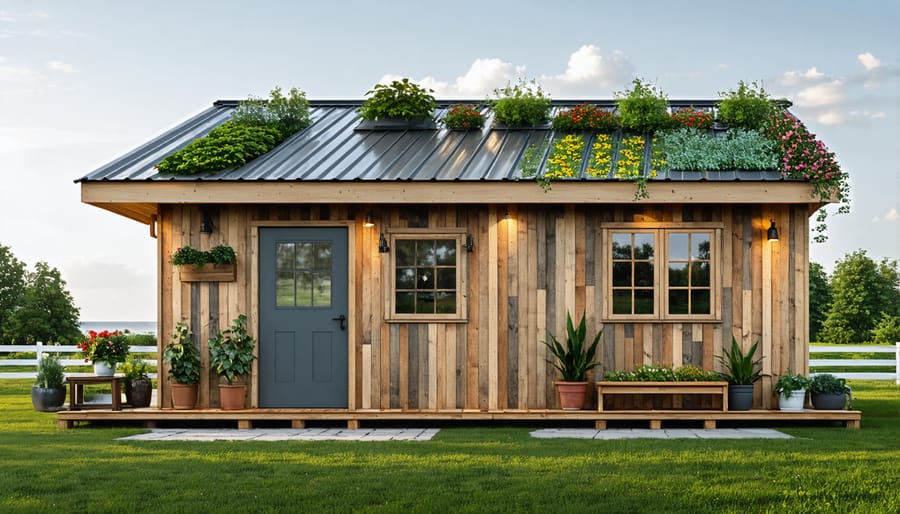 Transformed garden shed made from sustainable materials with large windows and natural light