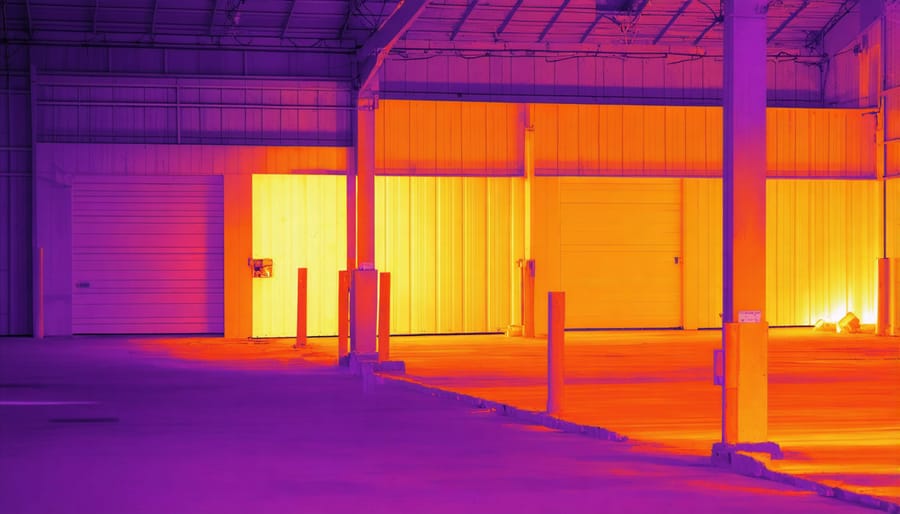 Thermal image of a storage shed interior showing temperature inconsistencies with red hot spots and blue cold areas