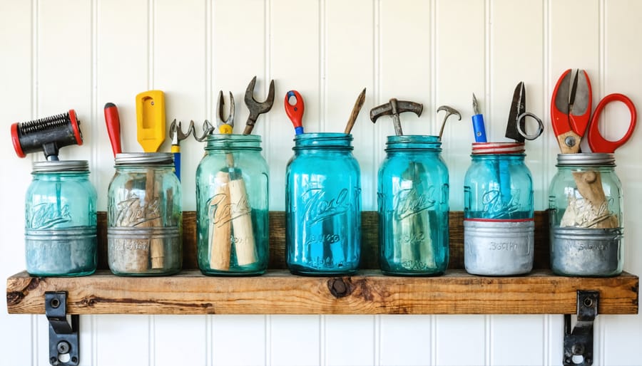 Organized shed wall featuring upcycled containers and vintage hardware for tool storage