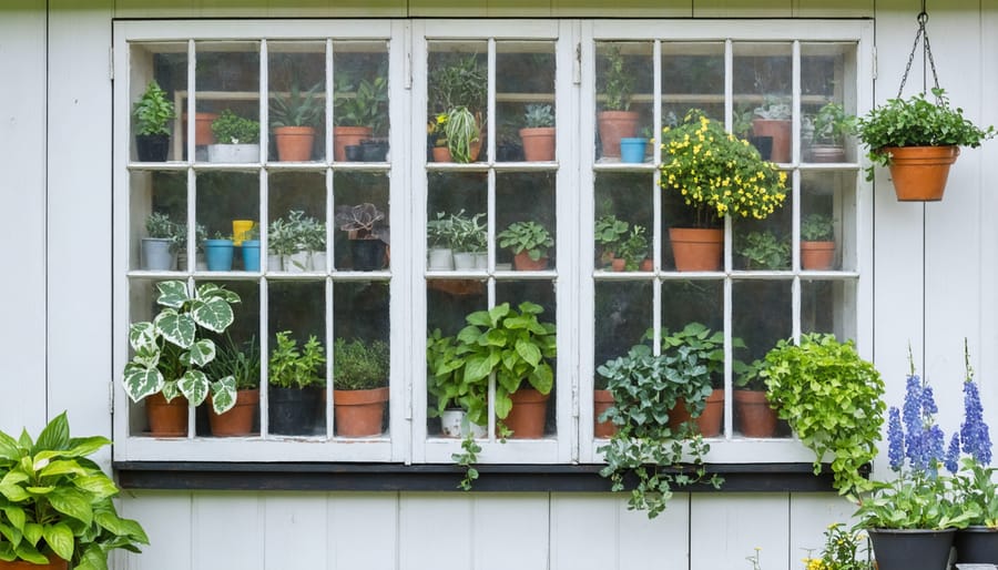 Multiple salvaged window frames installed as a decorative shed wall, creating a greenhouse effect