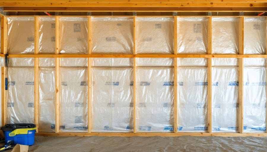 Installation process of thermal barriers in a shed wall showing proper techniques