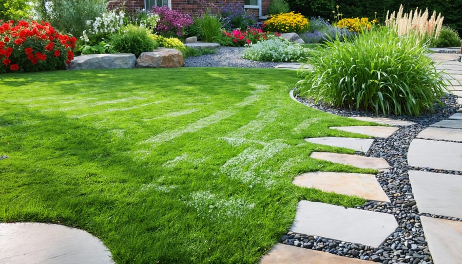 Vibrant transformation of a traditional lawn into a diverse and eco-friendly garden using native groundcovers, ornamental grasses, and drought-tolerant plants alongside permeable hardscaping elements.