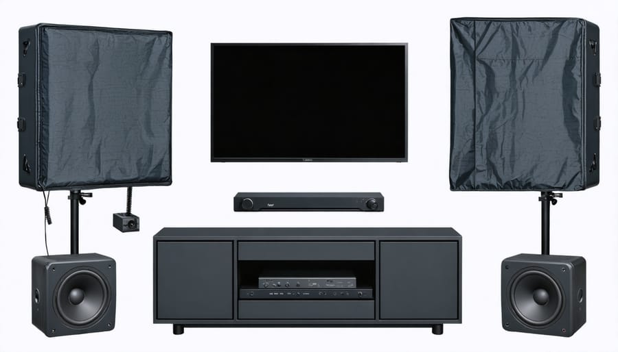 Weather-resistant outdoor entertainment components with protective features