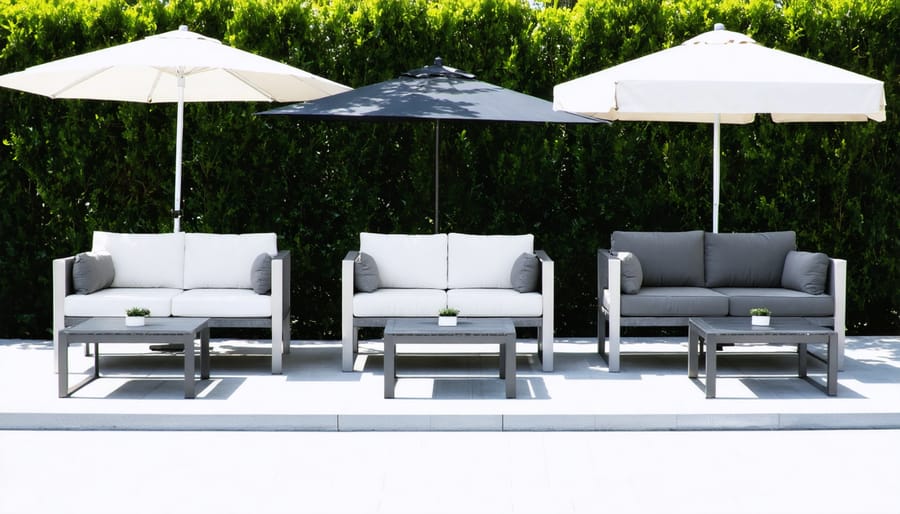 Side-by-side comparison of weather-resistant outdoor furniture materials showing aluminum, stainless steel, and HDPE examples