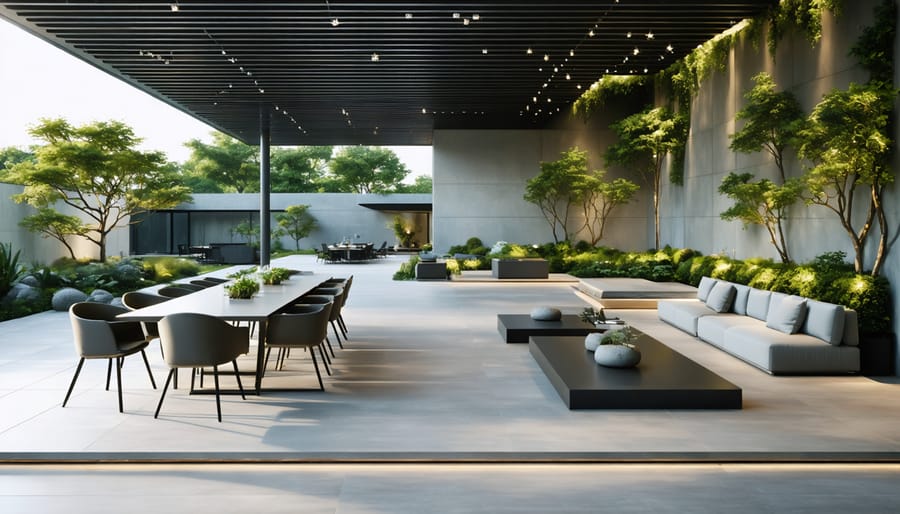 Conceptual image of a modern outdoor workspace featuring weather-resistant materials like powder-coated aluminum furniture and marine-grade stainless steel accents, set against a backdrop of clear skies and lush greenery.