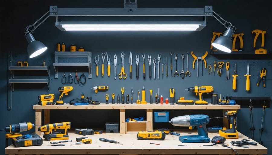 Workshop interior demonstrating effective lighting placement with multiple light sources