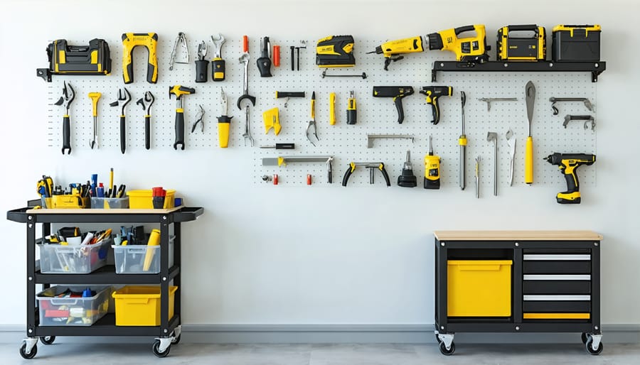 Combination of mobile tool cart and wall-mounted storage solutions in workshop setting