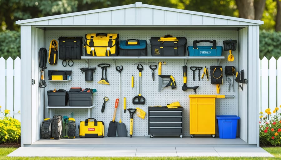 Interior organization systems and storage solutions in a completed 6x8 shed