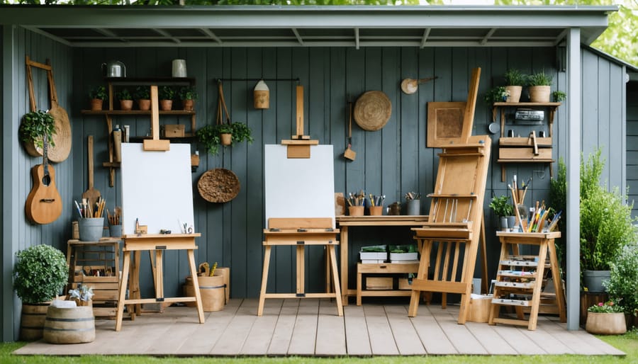Interior view of an artist's studio shed with creative workspace setup