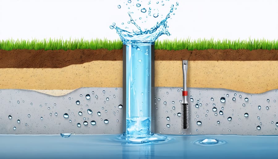 Cross-section illustration of a basement showing an effective waterproofing system with plastic sheeting layers, highlighting moisture prevention and protection from groundwater intrusion.