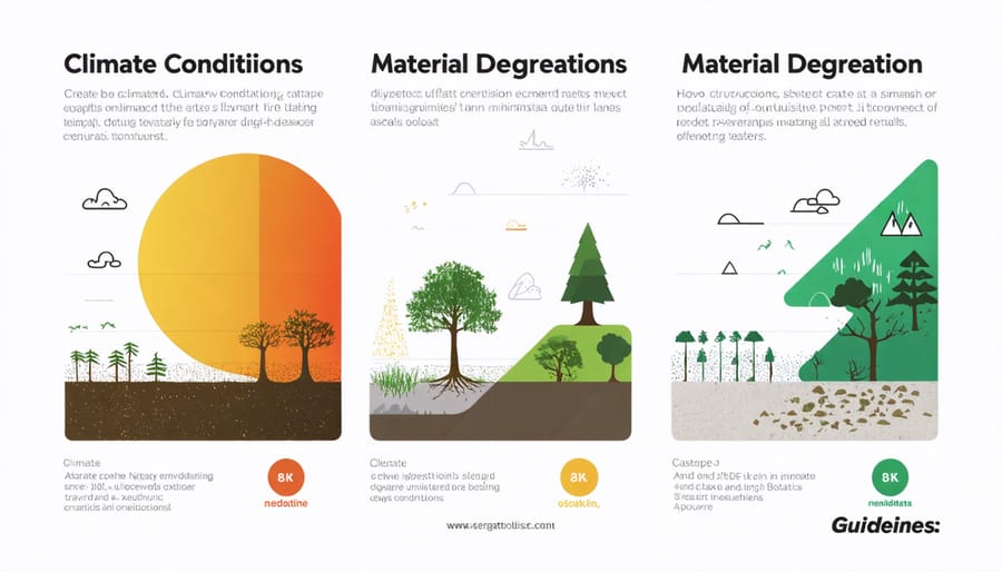 Climate impact diagram showing degradation rates of eco-friendly materials in various weather conditions