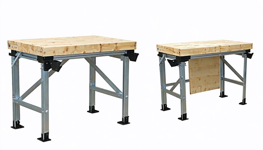 Split image showing a folding workbench in both its expanded working position and space-saving folded state