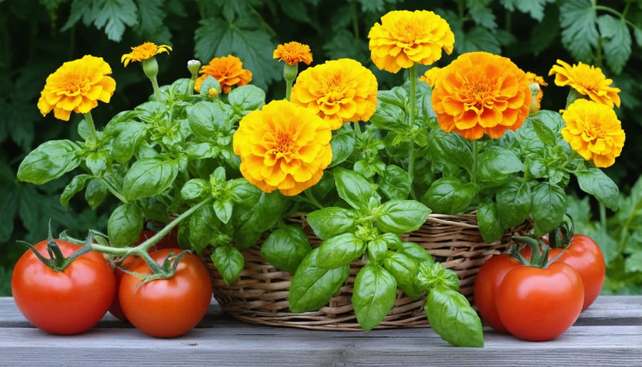 Beneficial companion planting combination with marigolds protecting tomato plants