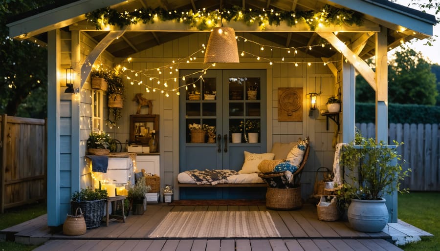 An inviting she shed interior at dusk, featuring a variety of lighting fixtures including string lights, pendant lamp, and wall sconces, creating a warm and cozy ambiance.