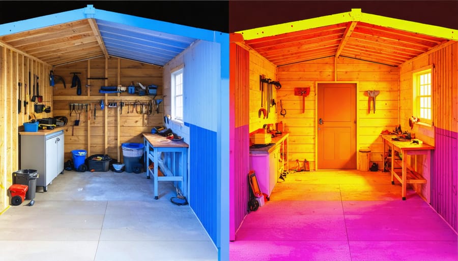 Split-screen image of a shed interior; left side shows an uninsulated, damp area with condensation, while the right side displays a cozy, insulated workshop with organized tools and a warm glow, highlighting the benefits of proper insulation.