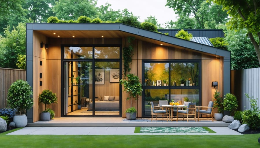 Modern geometric shed with mixed materials including wood, metal, and glass, set amidst a lush garden landscape.