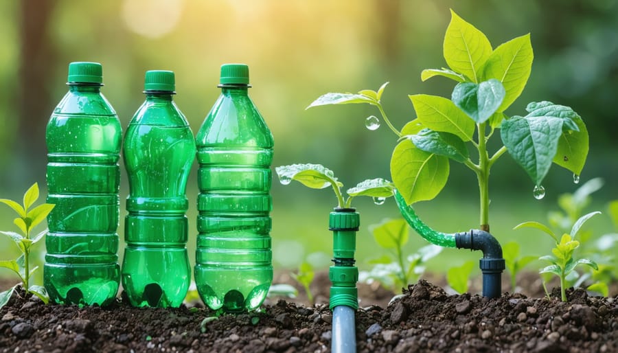 Homemade drip irrigation setup using repurposed materials in a vegetable garden