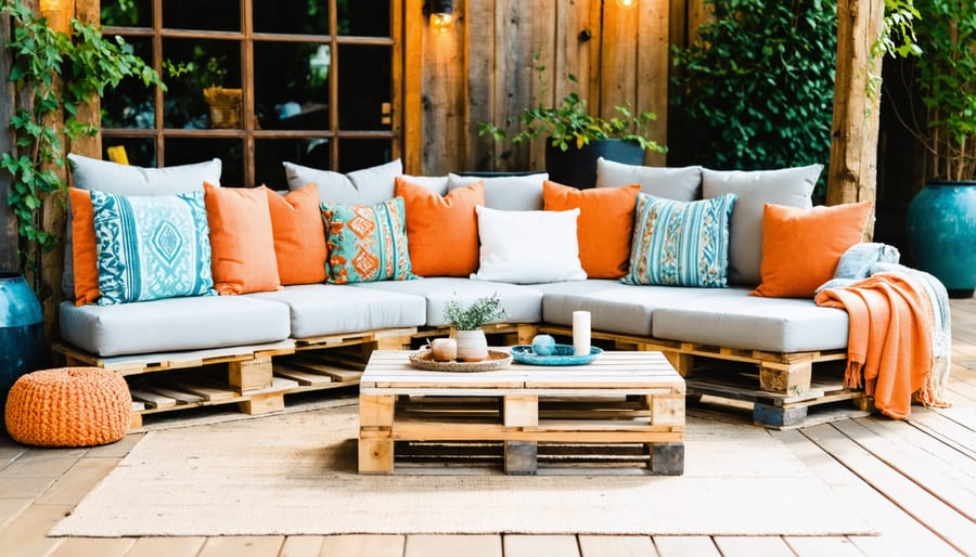 DIY pallet furniture arrangement in a backyard setting