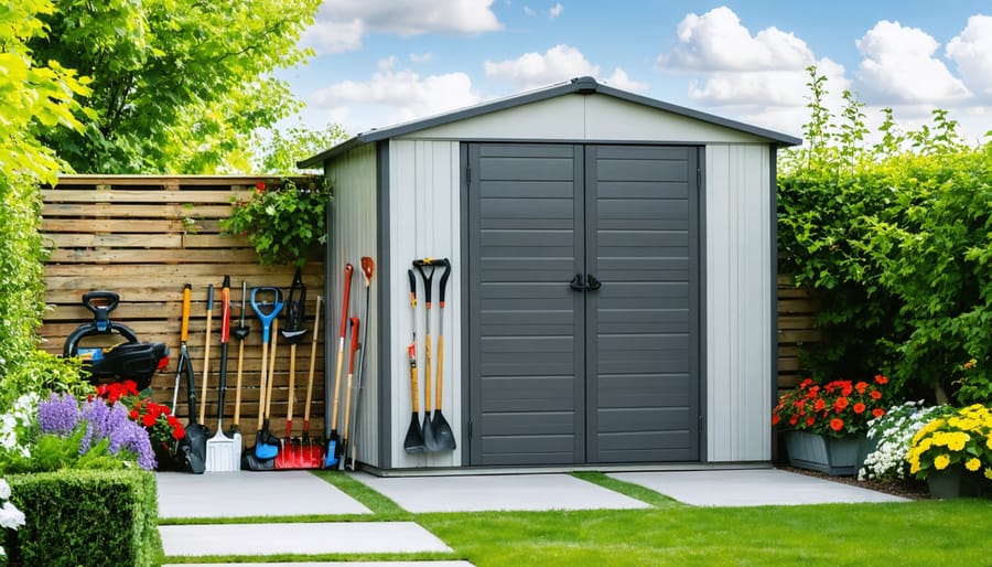 A modern resin storage shed situated in a picturesque backyard garden, demonstrating its durability and weather resistance with tools neatly stored at the front.