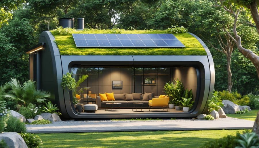 Sustainable outdoor office pod featuring solar panels and green roof integration