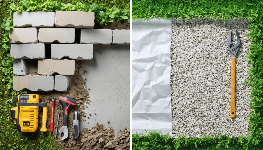 Split-screen image showing eco-friendly shed foundation methods including recycled concrete blocks and a permeable gravel pad foundation with lush greenery in the background.