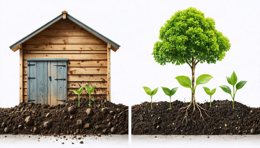 An illustration showing a biodegradable shed breaking down into natural elements and a compostable material transforming into nutrient-rich soil with emerging plants, highlighting their differences in decomposition processes.