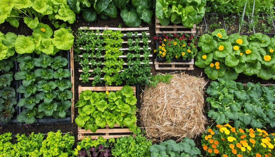A flourishing vegetable garden featuring vertical growers, companion planted vegetables, straw mulch, and a compost bin, all representing eco-friendly and sustainable gardening practices.
