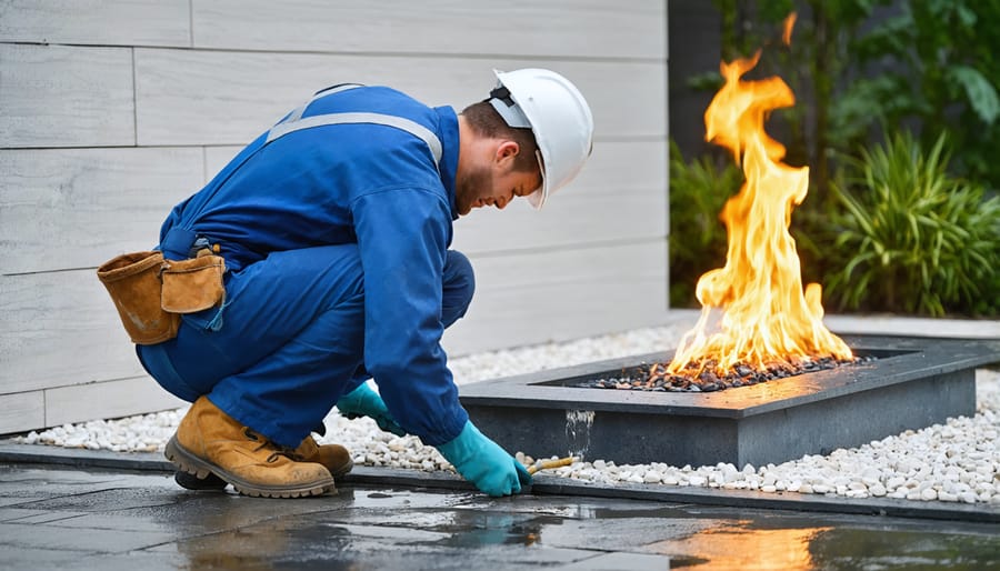 Licensed contractor installing safety components and utility connections for outdoor fire and water feature