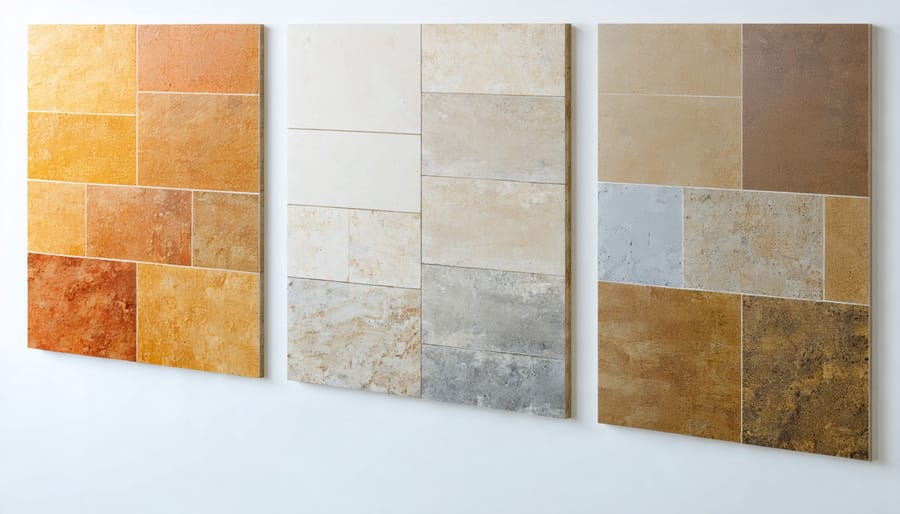 Various wood floor coating types applied to sample boards showing epoxy, polyurethane, oil-based, and paint finishes