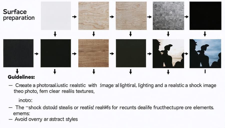 Four-stage process showing cleaning, sanding, and preparing a wood shed floor for coating